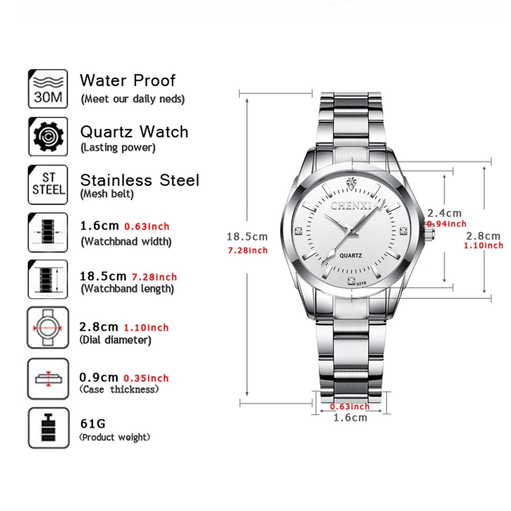 CHENXI 021B Women's Watch Simple Design Luxury Stainless Steel Women Quartz Wristwatch Rhinestone Dial Watches Gift for Ladies