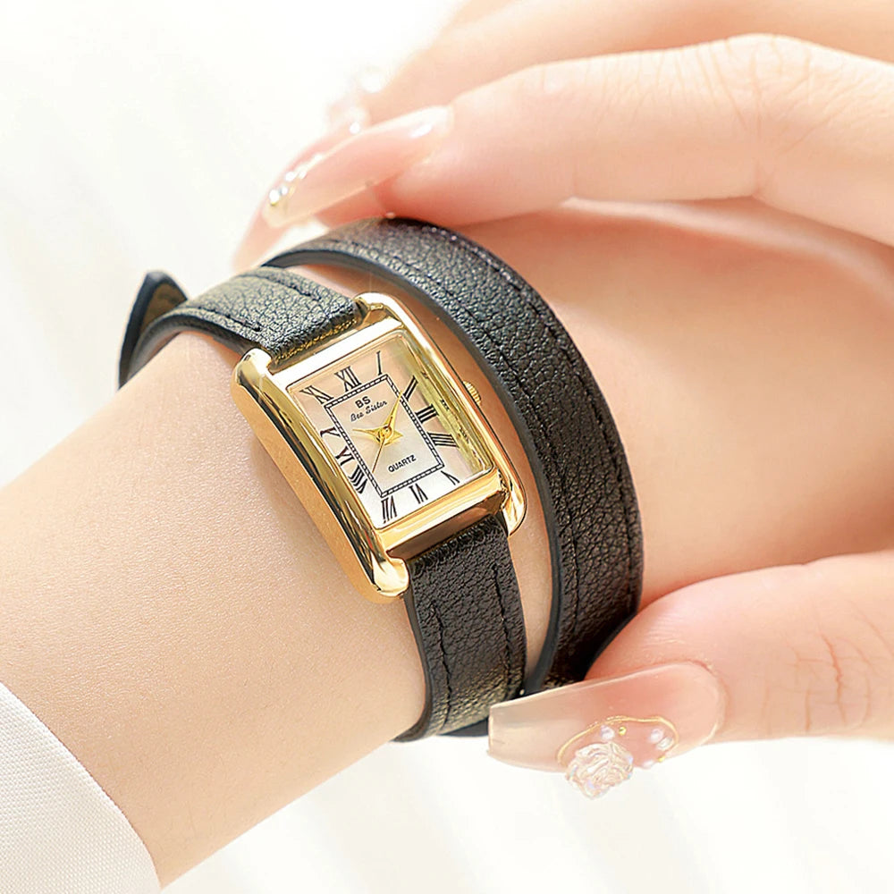 Light Luxury Black Gold Double Circle Leather Women's Quartz Watches Waterproof Square Dial Ladies Watch