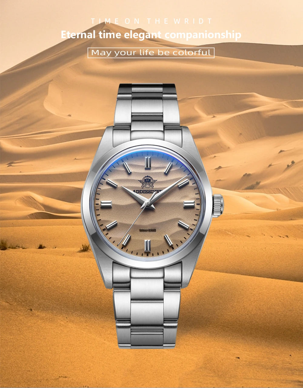 ADDIESDIVE Hot Sale AD2030 Without LOGO Watch Stainless Steel 100M Waterproof Quartz Watches 3D Sand Dial Men's Wristwatch Dress