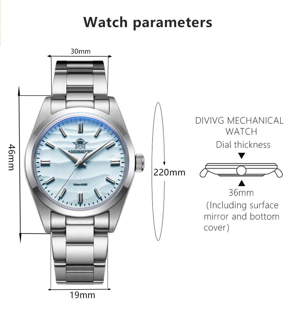 ADDIESDIVE Hot Sale AD2030 Without LOGO Watch Stainless Steel 100M Waterproof Quartz Watches 3D Sand Dial Men's Wristwatch Dress