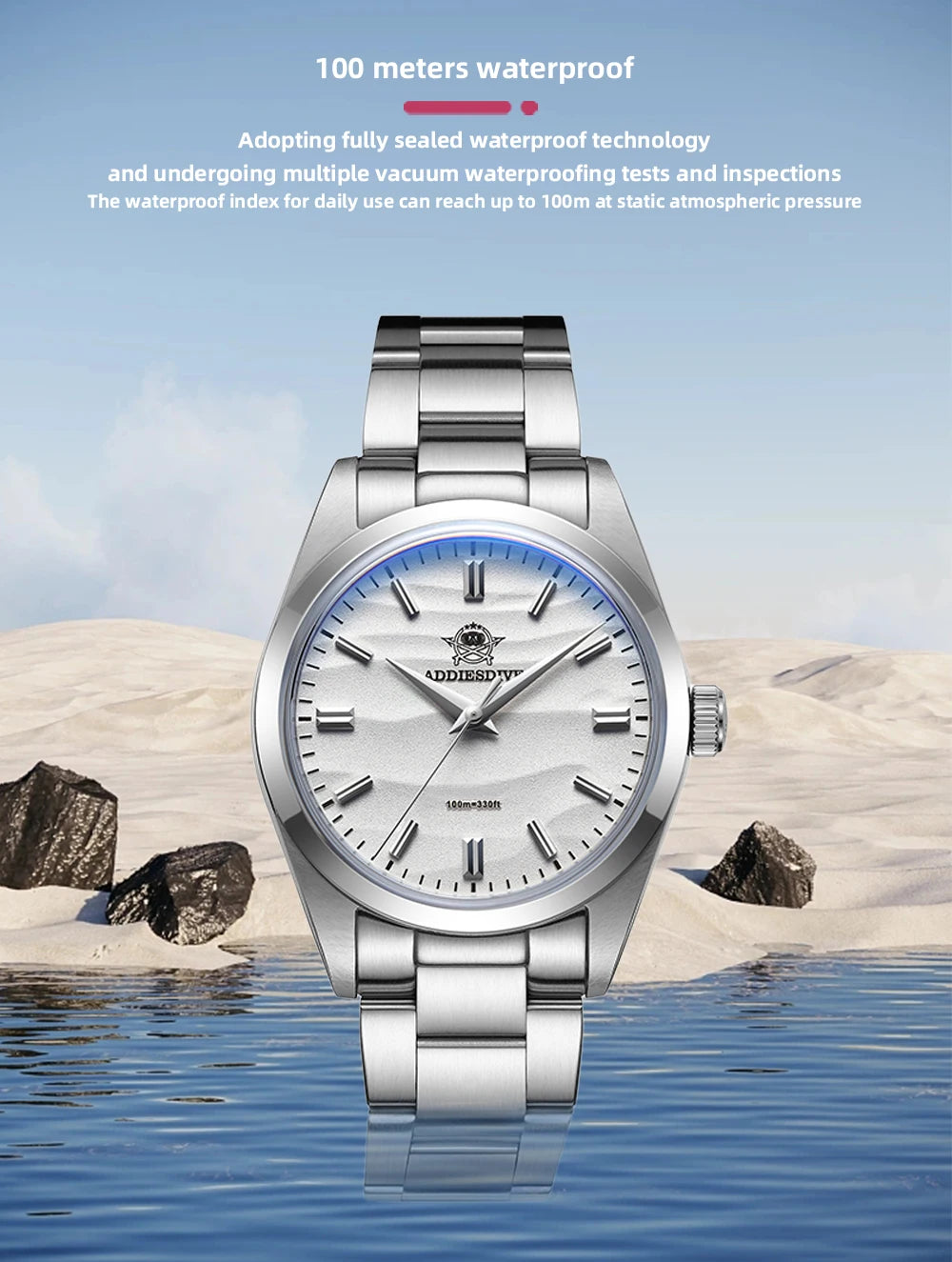 ADDIESDIVE Hot Sale AD2030 Without LOGO Watch Stainless Steel 100M Waterproof Quartz Watches 3D Sand Dial Men's Wristwatch Dress