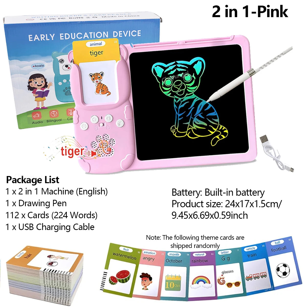 2 in 1 Talking Flash Cards & LCD Writing Tablet English Learning Education Toy with Audio Sound Gifts for Kids Boy Girl Toddler