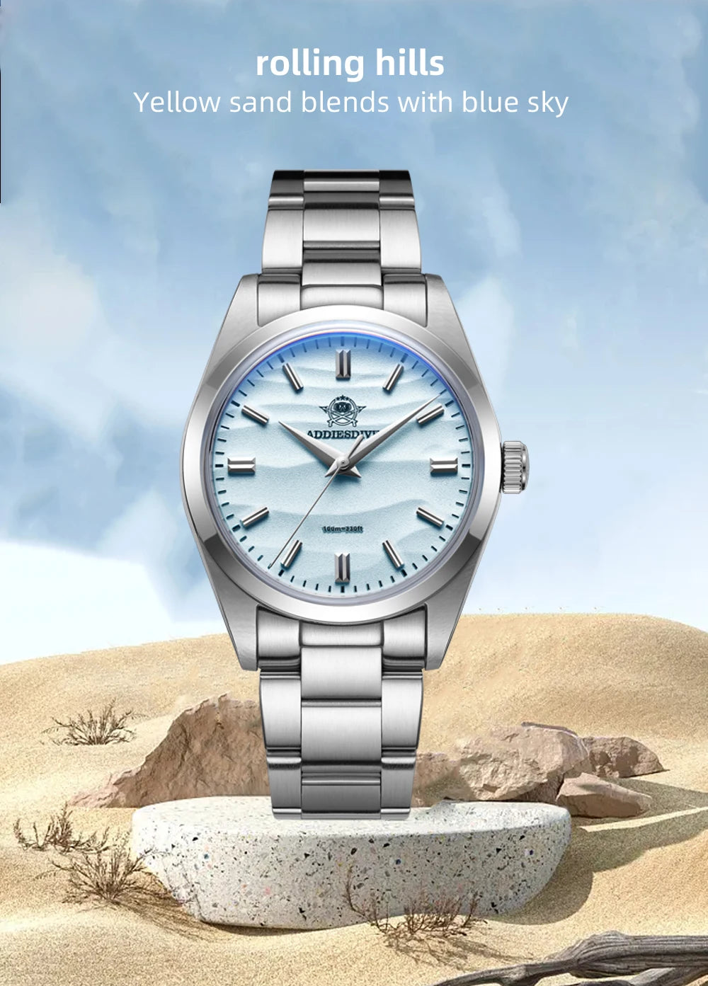 ADDIESDIVE Hot Sale AD2030 Without LOGO Watch Stainless Steel 100M Waterproof Quartz Watches 3D Sand Dial Men's Wristwatch Dress
