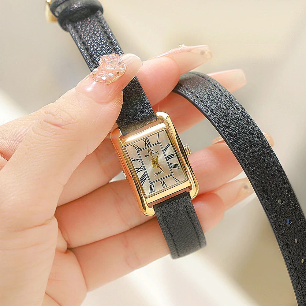 Light Luxury Black Gold Double Circle Leather Women's Quartz Watches Waterproof Square Dial Ladies Watch