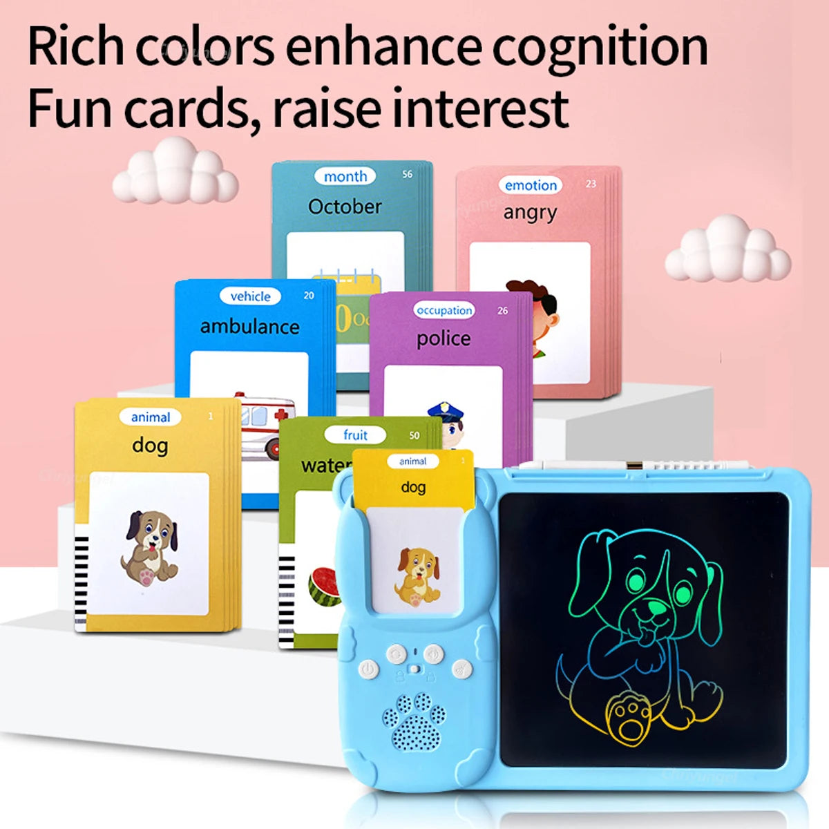 2 in 1 Talking Flash Cards & LCD Writing Tablet English Learning Education Toy with Audio Sound Gifts for Kids Boy Girl Toddler