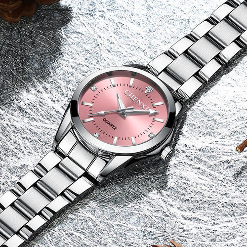 CHENXI 021B Women's Watch Simple Design Luxury Stainless Steel Women Quartz Wristwatch Rhinestone Dial Watches Gift for Ladies