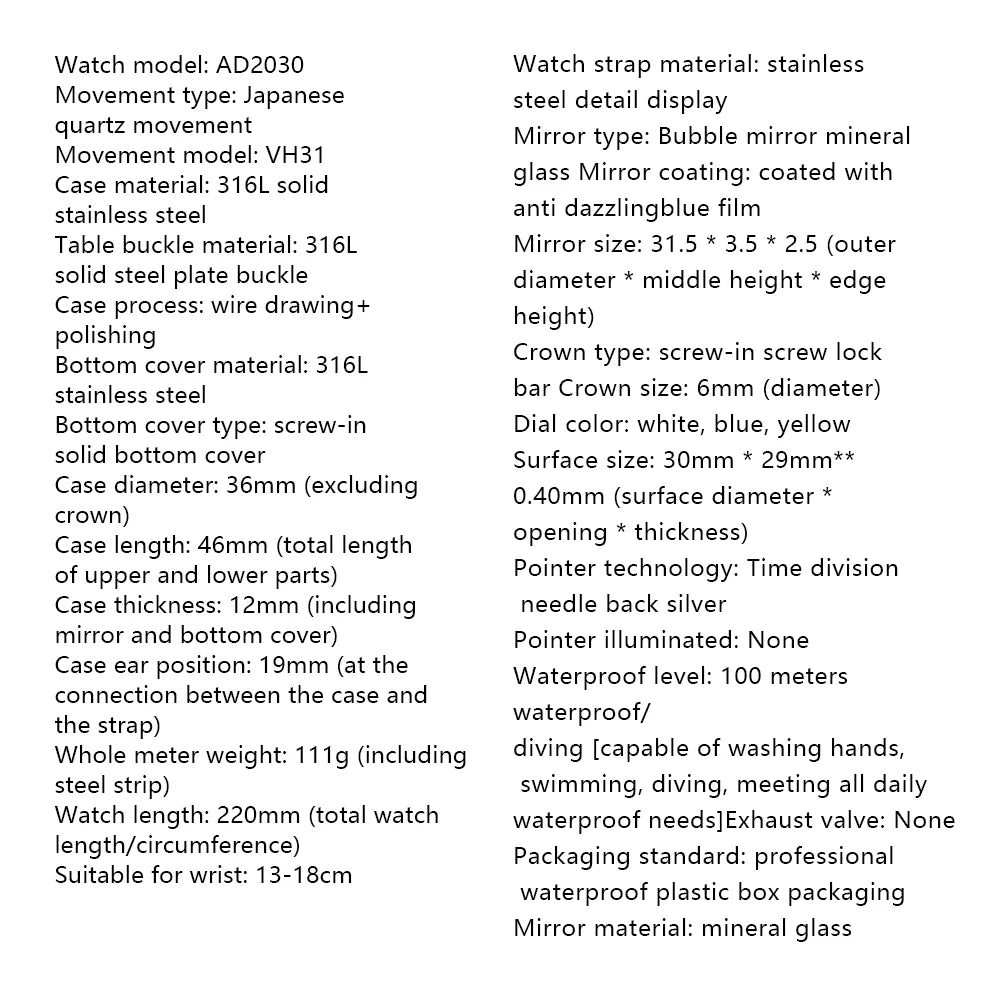 ADDIESDIVE Hot Sale AD2030 Without LOGO Watch Stainless Steel 100M Waterproof Quartz Watches 3D Sand Dial Men's Wristwatch Dress