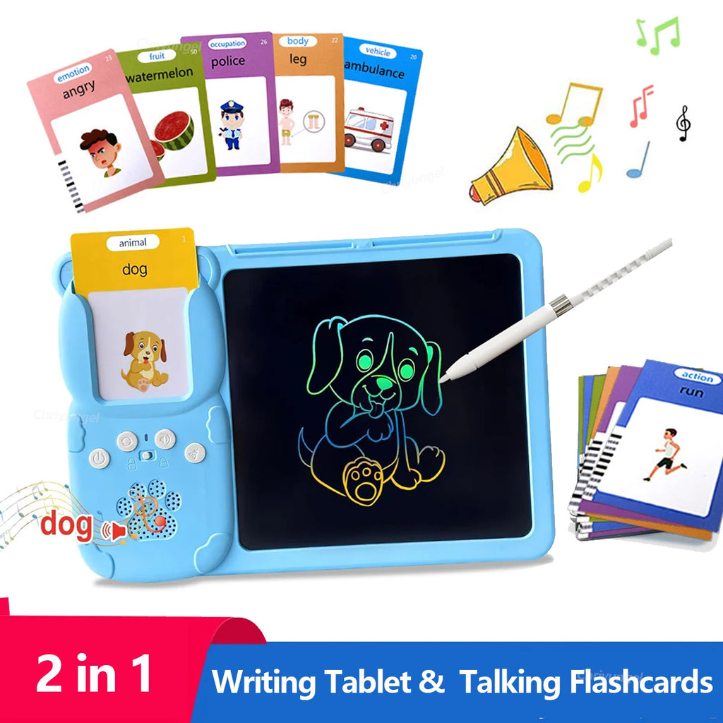 2 in 1 Talking Flash Cards & LCD Writing Tablet English Learning Education Toy with Audio Sound Gifts for Kids Boy Girl Toddler