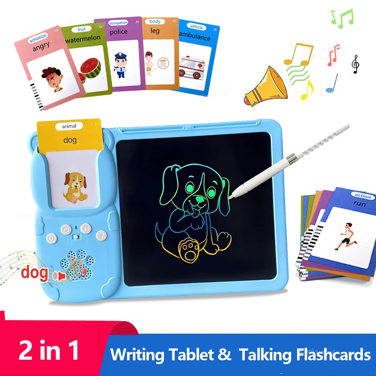 2 in 1 Talking Flash Cards & LCD Writing Tablet English Learning Education Toy with Audio Sound Gifts for Kids Boy Girl Toddler