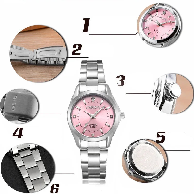 CHENXI 021B Women's Watch Simple Design Luxury Stainless Steel Women Quartz Wristwatch Rhinestone Dial Watches Gift for Ladies