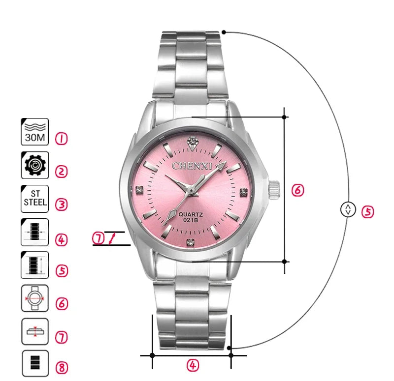 CHENXI 021B Women's Watch Simple Design Luxury Stainless Steel Women Quartz Wristwatch Rhinestone Dial Watches Gift for Ladies